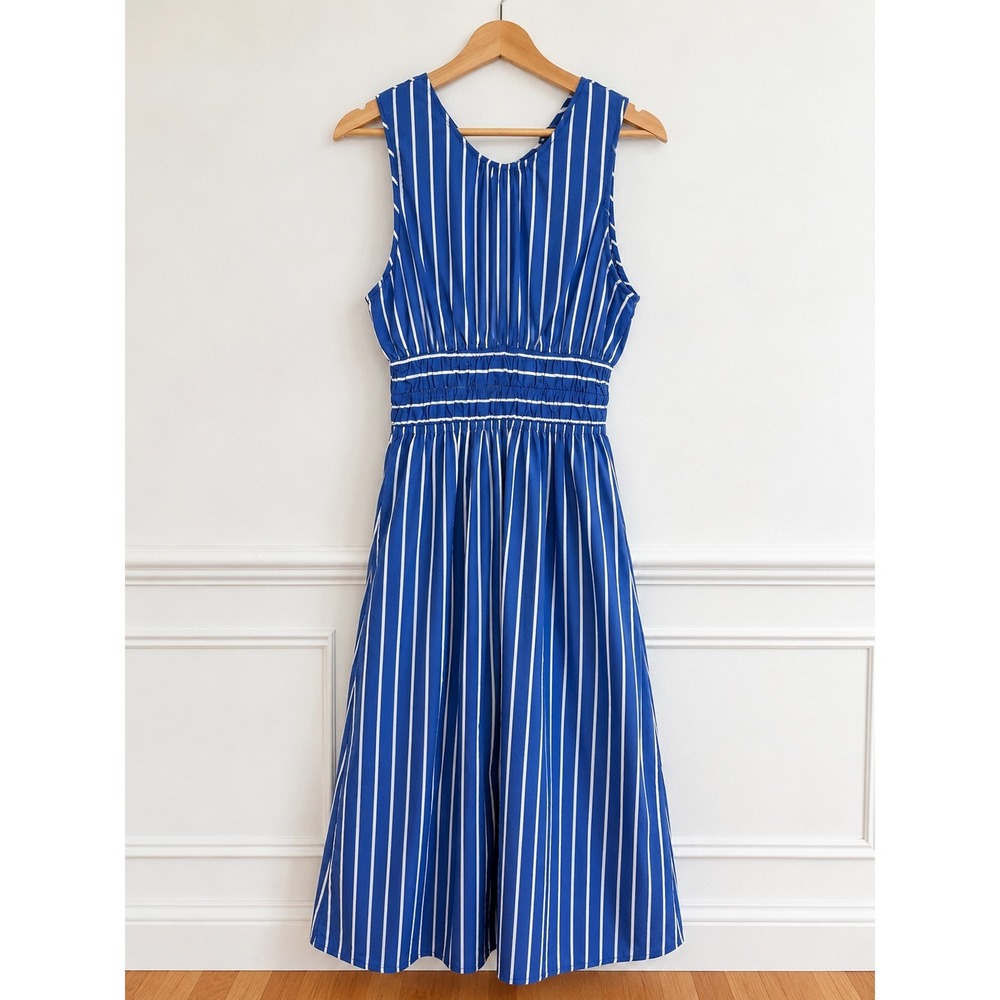 Faithfull The Brand Midiβ Dress Womens Size L Blue White Cotton Striped Smocked